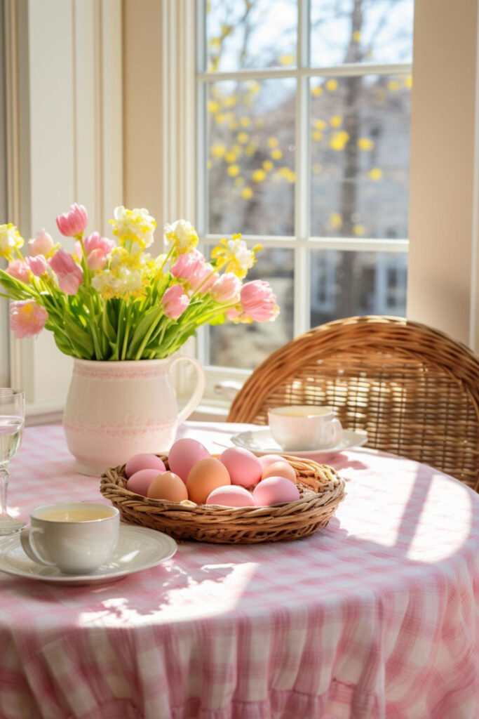 Spring table setting with pastel eggs, fresh tulips, and sunlight streaming through a window onto a pink tablecloth.