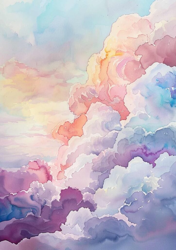 Dreamy watercolor clouds in pastel hues creating a serene, ethereal sky. Perfect for peaceful, artistic inspiration.