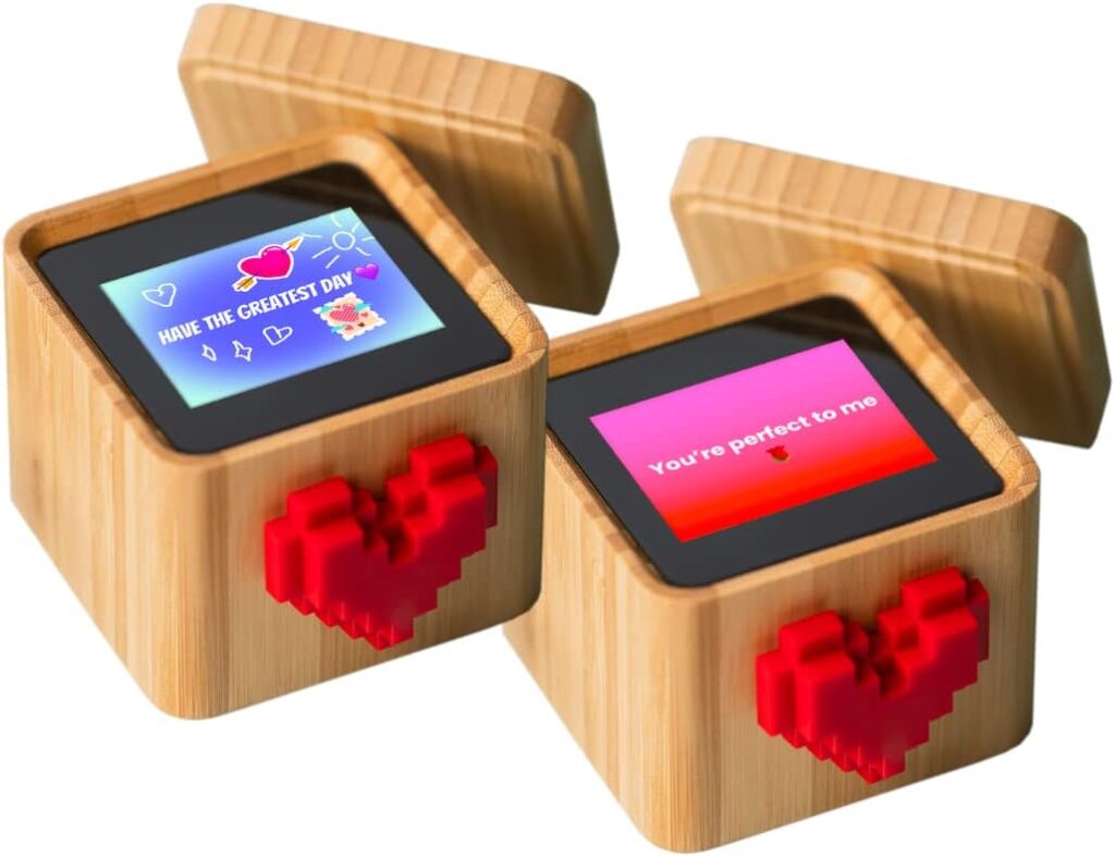 Wooden love message boxes with digital screens displaying sweet messages and red heart designs.