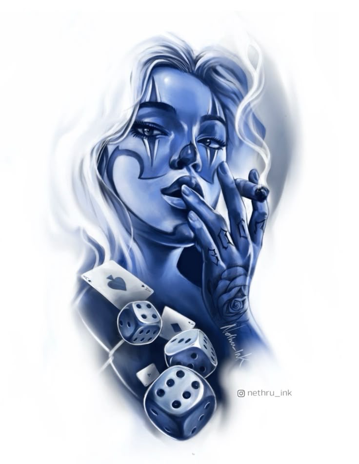 Blue-toned digital art of a woman with dice, cards, and smoke. Tattooed hand near her mouth.