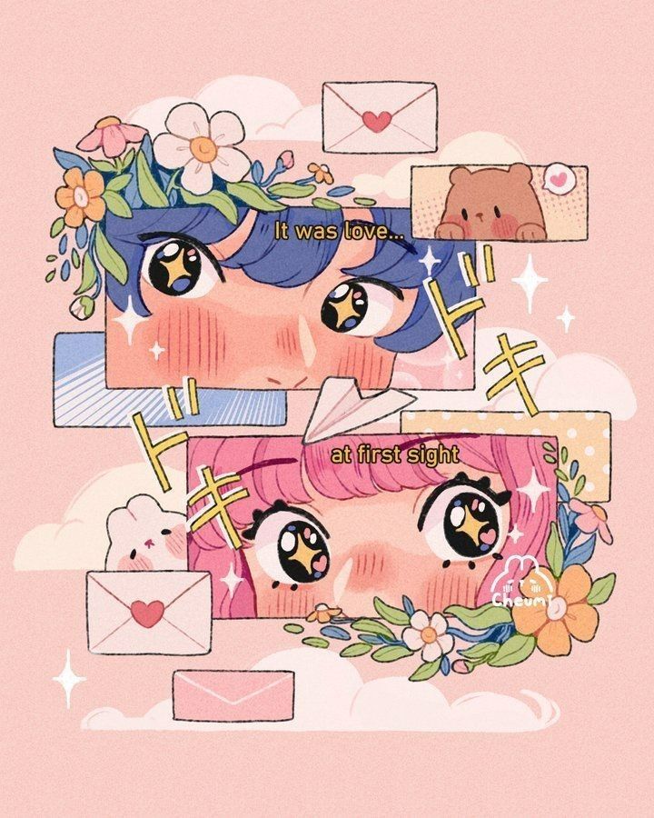 Kawaii illustration of colorful eyes, flowers, envelopes, and text It was love at first sight. Cute and romantic.