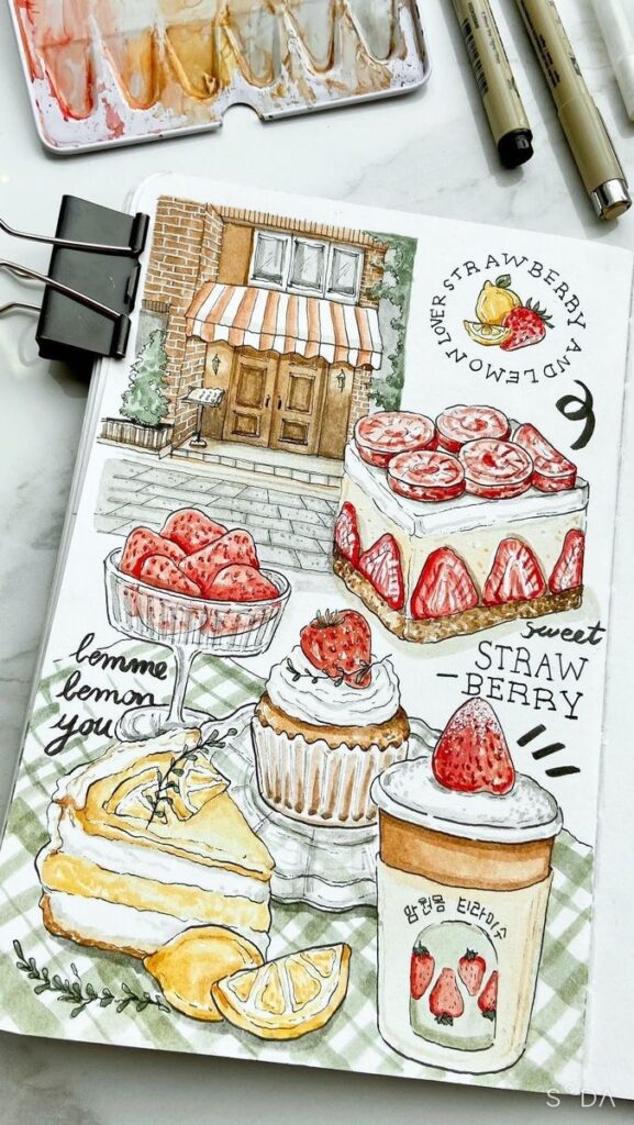 Illustrated desserts with strawberries and lemons alongside a quaint storefront. Watercolor and ink art supplies nearby.