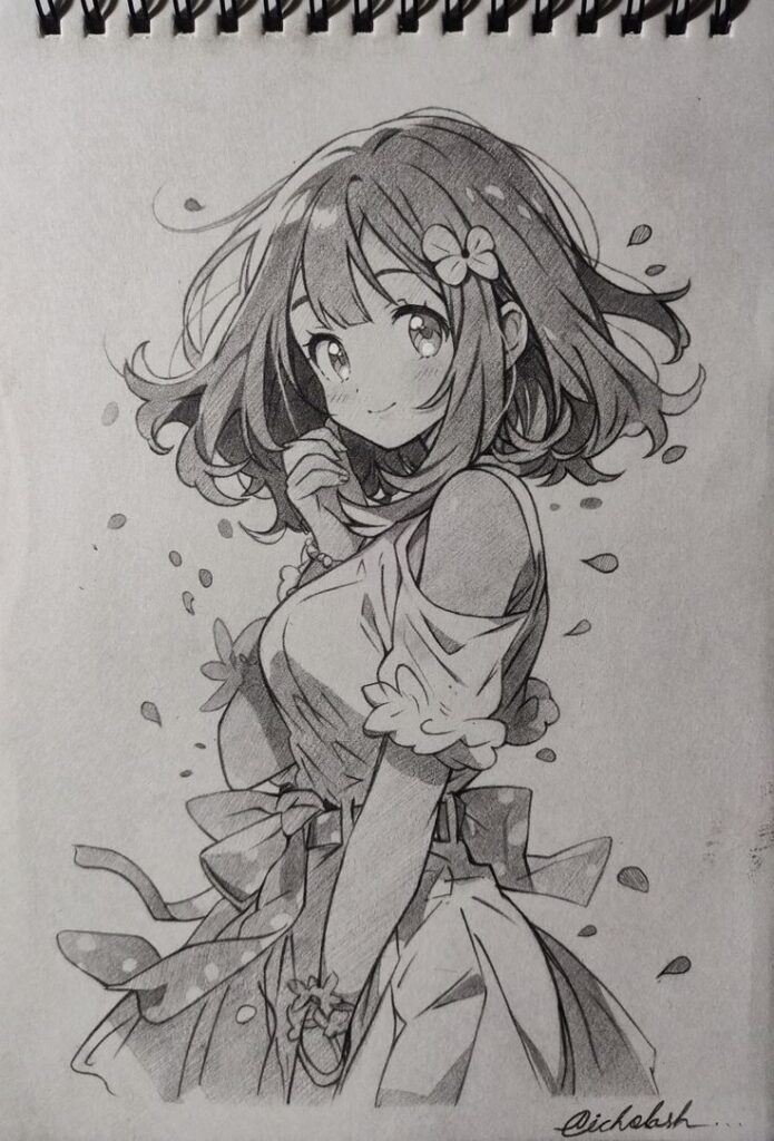 Anime girl sketch with flower in hair, surrounded by petals, wearing a dress, smiling softly. Pencil drawing art.