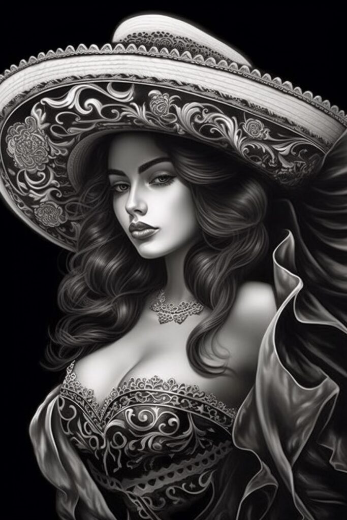 Elegant woman in ornate sombrero and dress, showcasing intricate designs and patterns, black and white artwork.