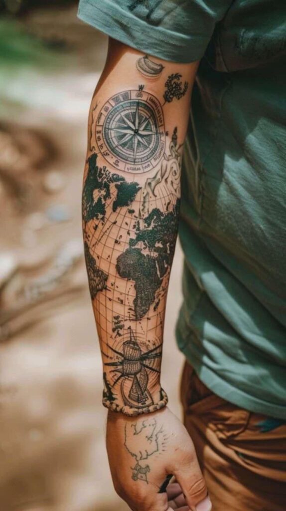 Forearm tattoo with world map, compass, and globe design on a person wearing a green shirt.