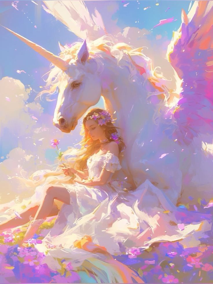 Fantasy scene of a woman in white dress with a flower crown sitting beside a majestic unicorn under a colorful sky.