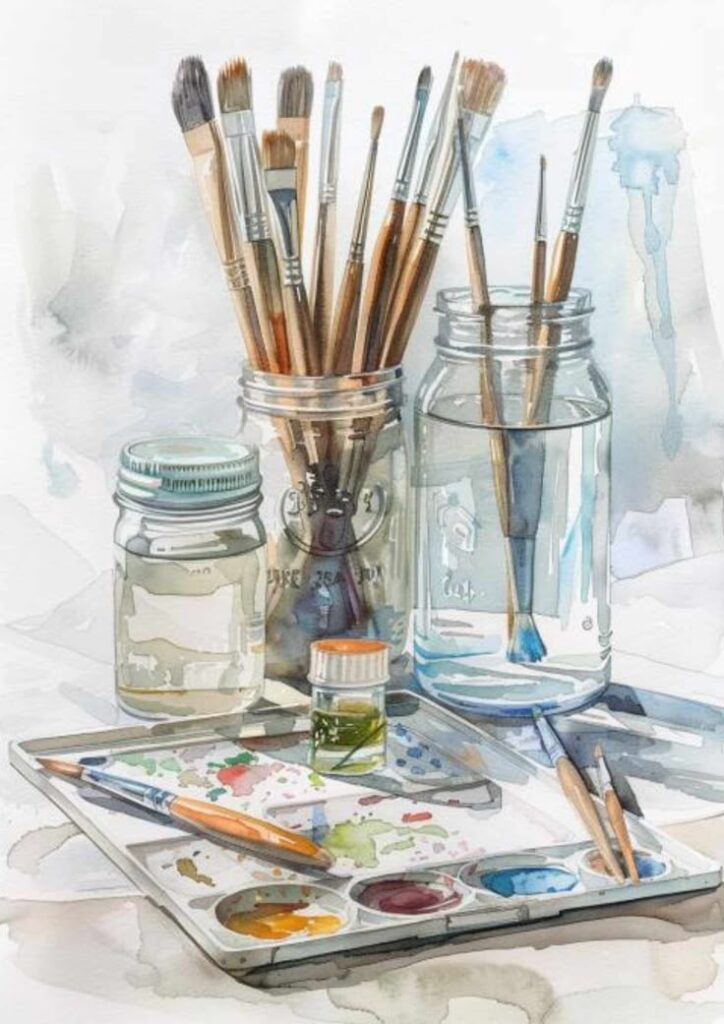 Watercolor painting of art supplies: brushes in jars, palette with paint, and glass containers on a light background.