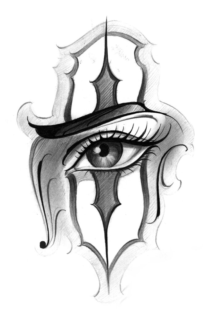 Artistic eye tattoo design in grayscale with intricate shading and bold lines.