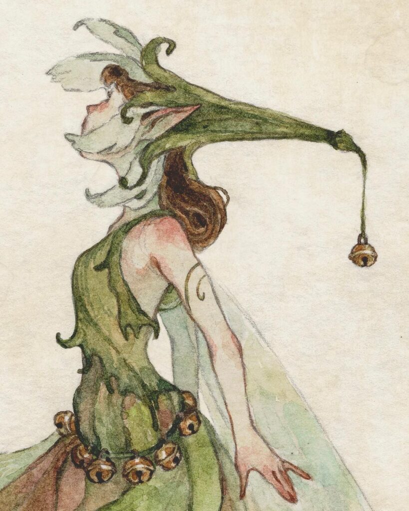 Whimsical fairy in a green dress with a bell hat, watercolor illustration, enchanting and mystical art style.