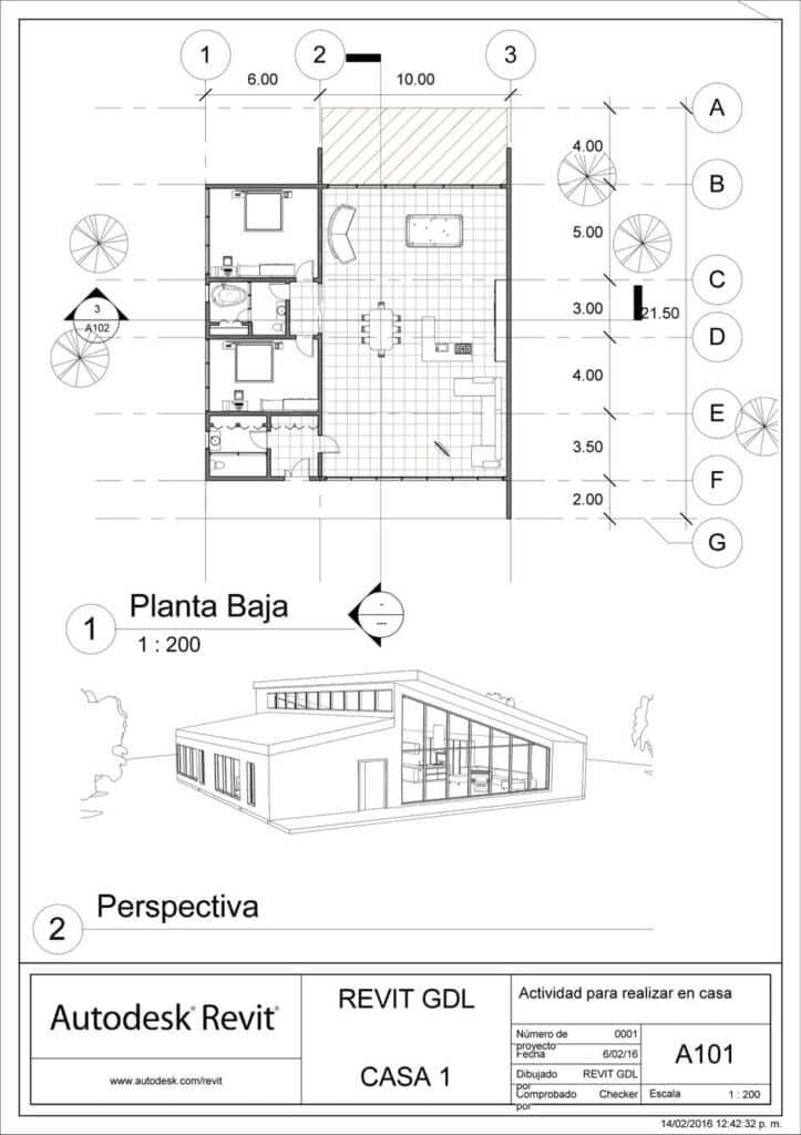Architectural floor plan and perspective view of a modern house design, labeled with dimensions and project details.