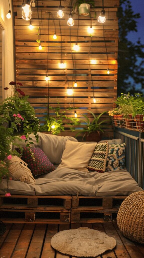 Cozy outdoor nook with string lights, pillows, and plants on a wooden deck. Warm, inviting atmosphere.