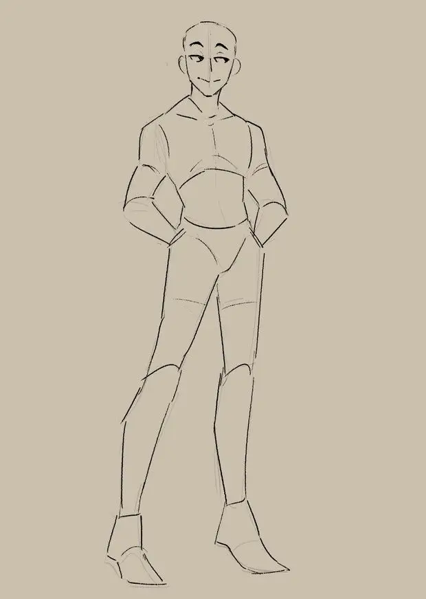 Sketch of a standing humanoid figure with hands on hips, wearing a fitted outfit, on a beige background.