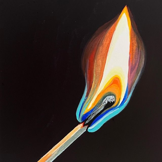 Illustration of a striking match with a colorful flame against a dark background, symbolizing ignition and creativity.