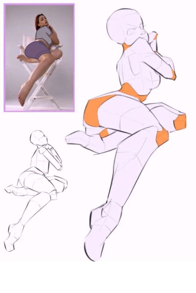 Artistic anatomy sketch and reference photo of a woman sitting, demonstrating pose and proportions.