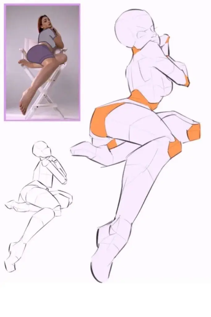 Artistic anatomy sketch and reference photo of a woman sitting, demonstrating pose and proportions.