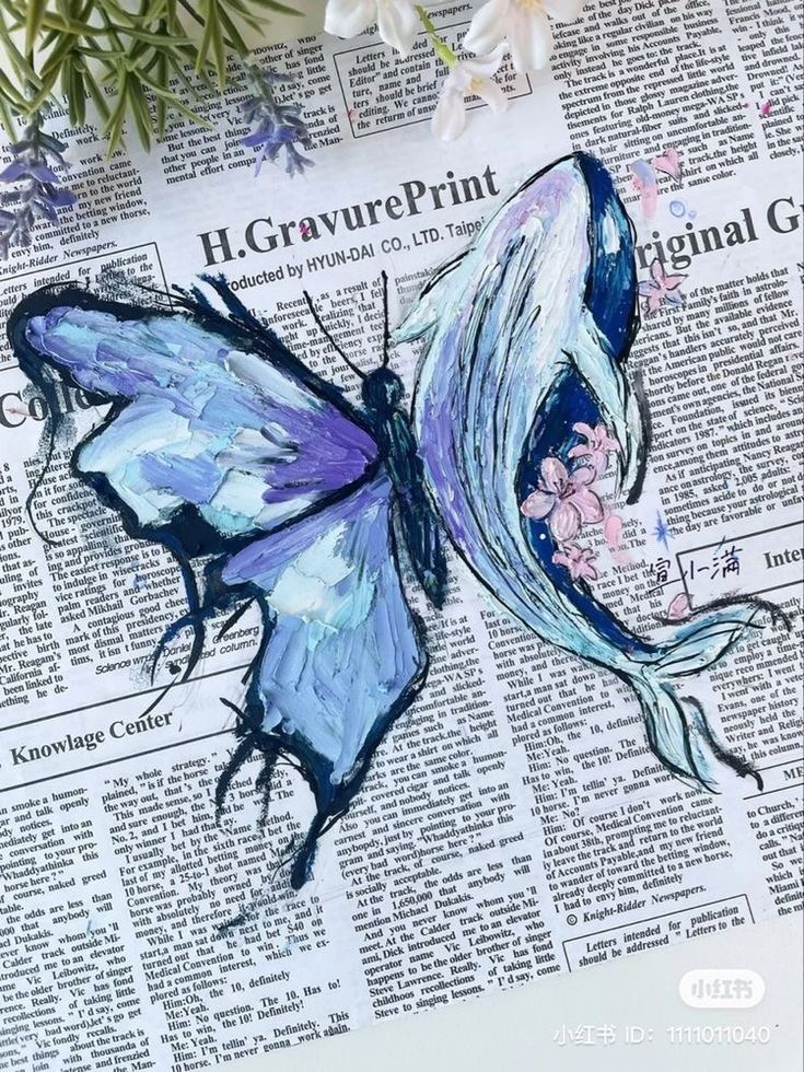 Colorful butterfly koi fish painting on a newspaper background with flowers.