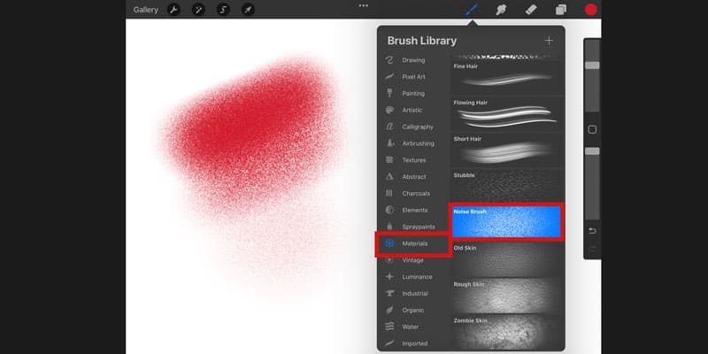 Procreate brush library showing noise brush selected, with a red texture sample on the left. Ideal for textured art.