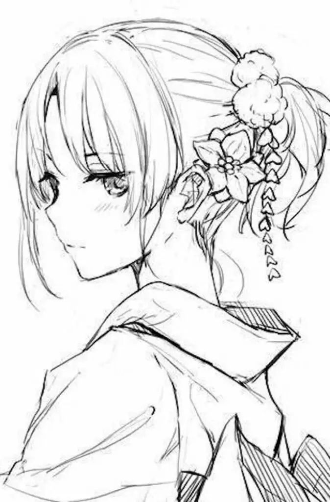 Anime sketch of a girl with a flower in her hair, wearing traditional clothing, looking to the side.