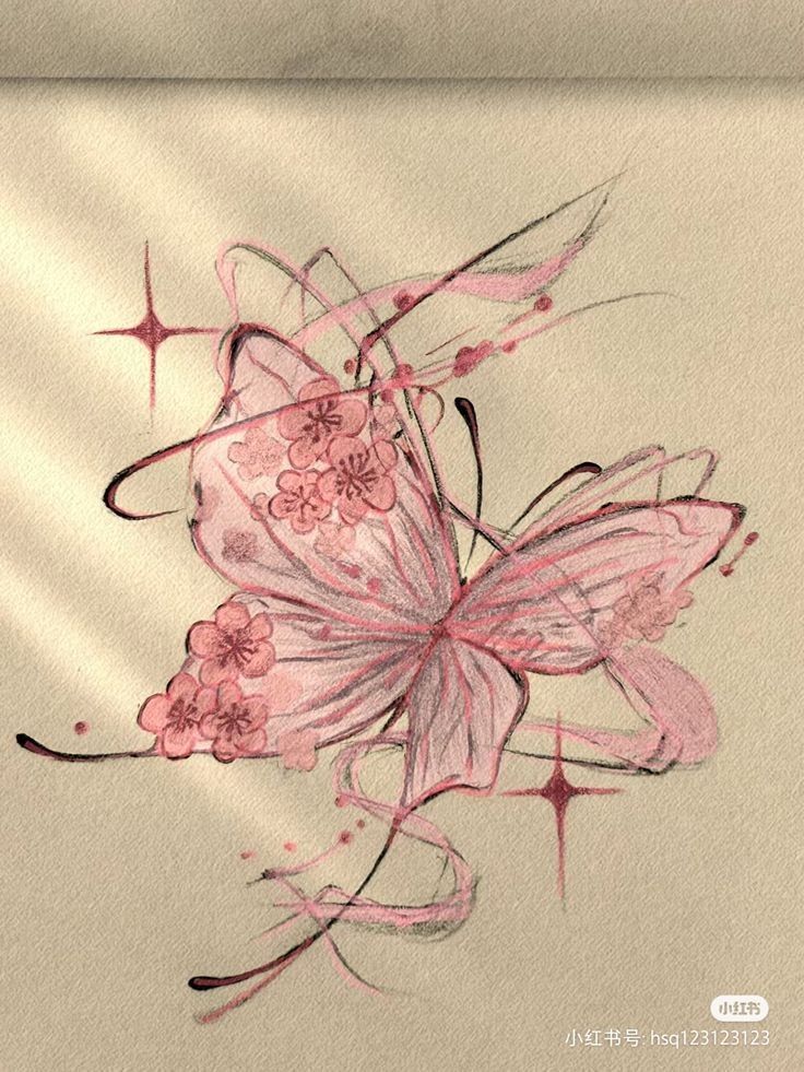 Pink butterfly with floral patterns and abstract lines on a beige background. Enchanting and artistic design.