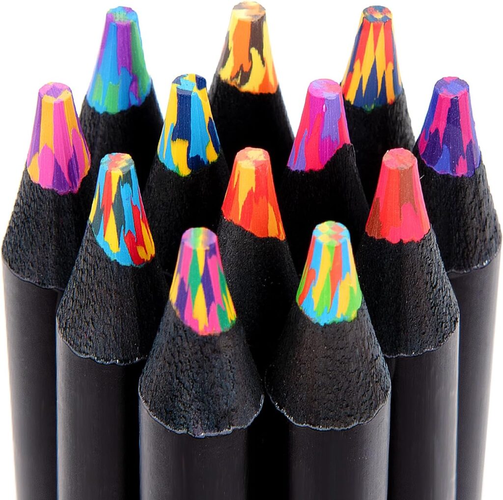 Multicolored tip black pencils arranged together, showcasing vibrant artistic possibilities and colorful creativity.