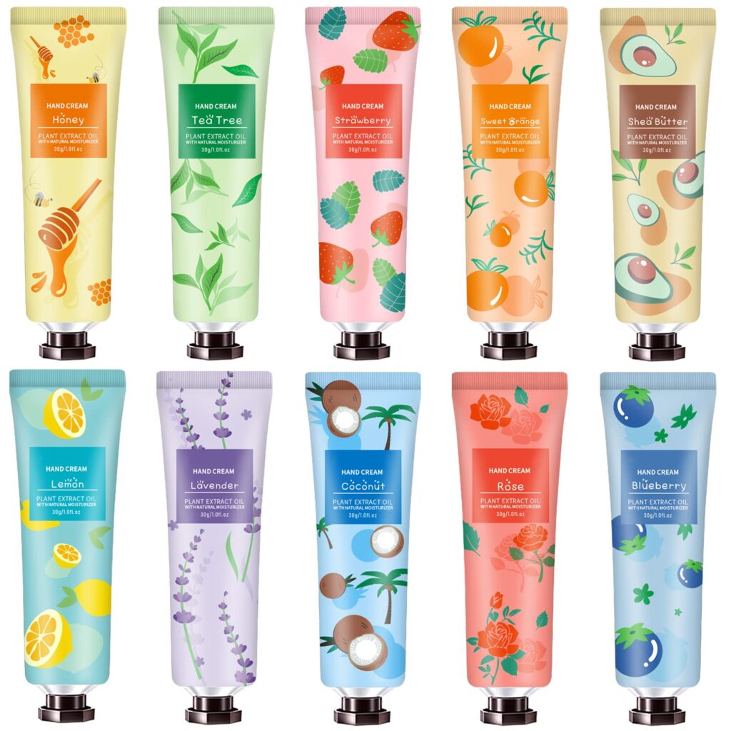 Various scented hand creams in colorful tubes featuring honey, tea tree, strawberry, orange, and more plant extracts.