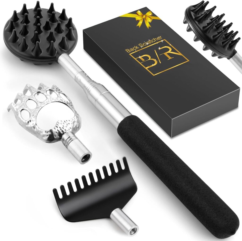 Adjustable back scratcher set with various massage heads and black handle, boxed and ready for gifting.