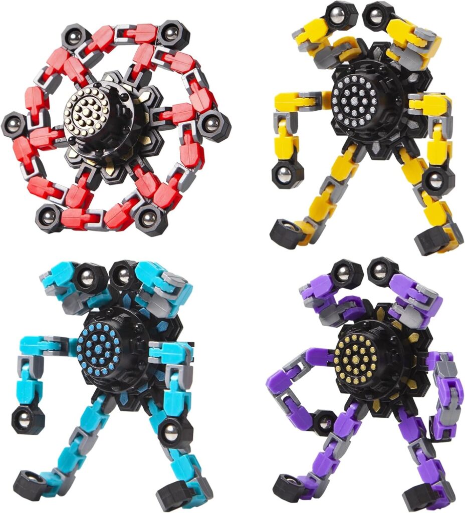 Colorful fidget toys with interlocking parts in red, yellow, blue, and purple designs. Fun stress-relief gadgets.