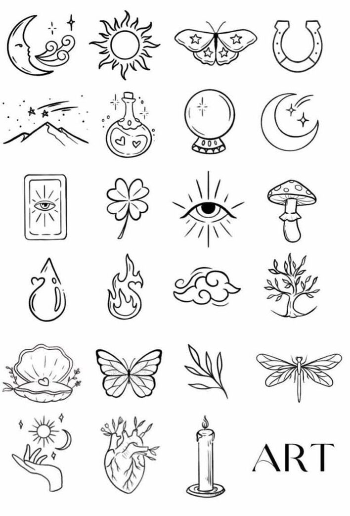 Set of mystical black line art symbols including the moon, sun, eye, and butterfly on a white background.