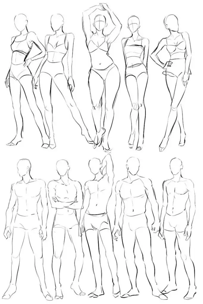 Sketch of male and female fashion figure templates in various poses for illustration and design reference.