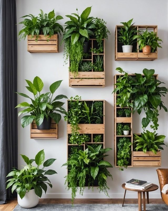 Wall-mounted wooden planters with lush green indoor plants, enhancing home decor with natural elegance.