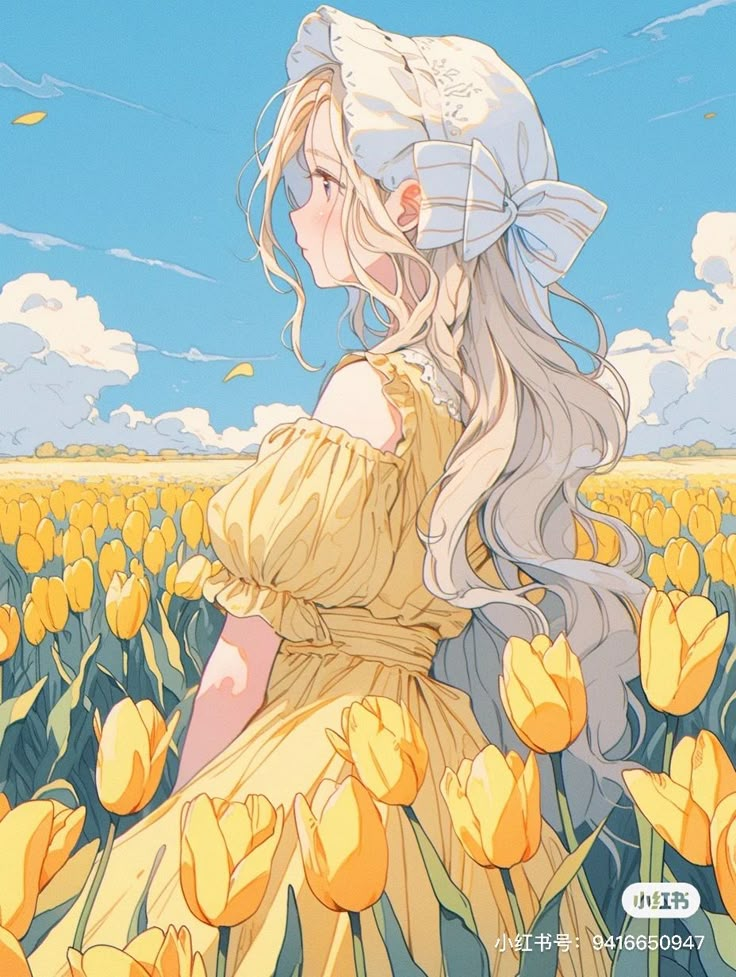 Anime girl in yellow dress and bonnet in a vibrant tulip field under a blue sky with clouds.