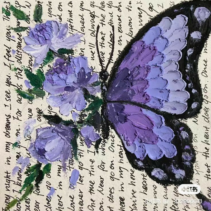 Purple butterfly and flowers on handwritten background, creating an artistic and whimsical design.