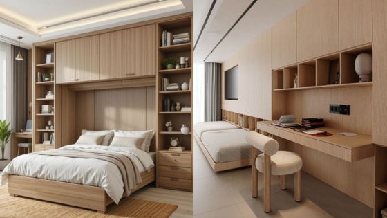 Modern wooden bedroom with cozy bed, built-in shelves, and minimalist decor. Contemporary design, natural light.