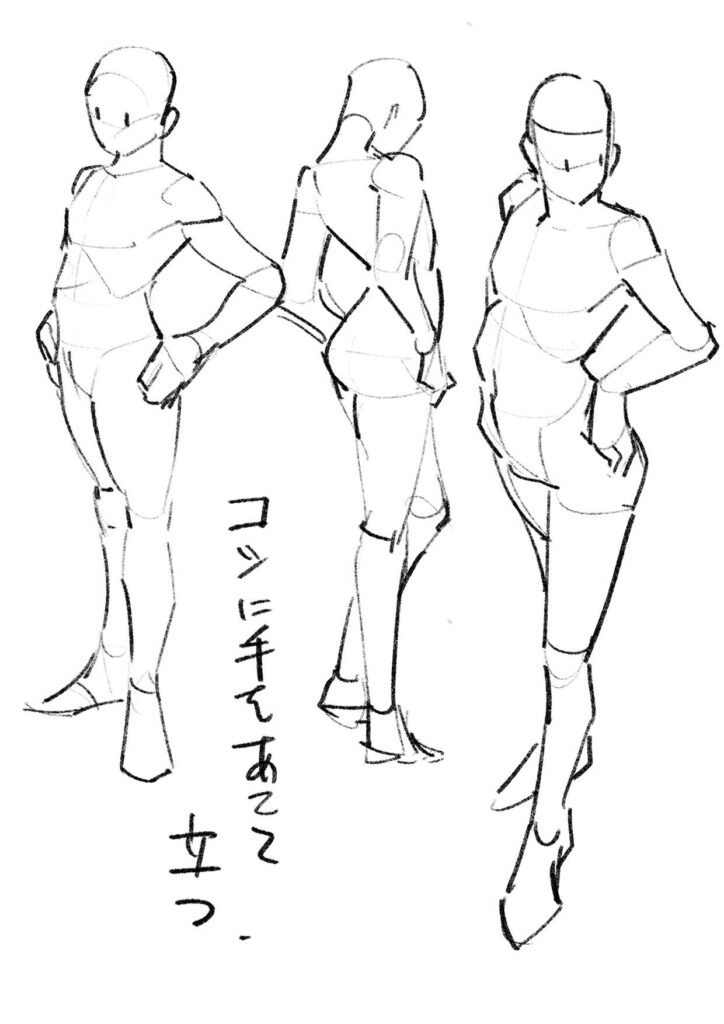 Three mannequin sketches in various standing poses, with hands on hips, alongside Japanese text.