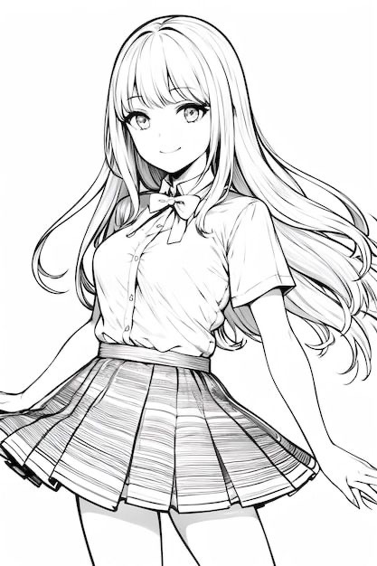 Anime girl with long hair, wearing a school uniform, smiling. Black and white illustration with detailed shading.