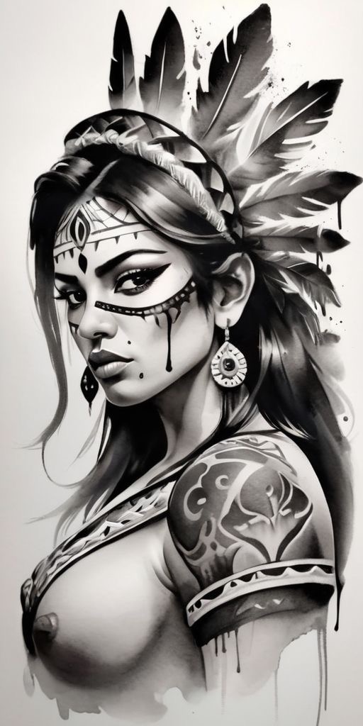 Artistic monochrome portrait of a woman with tribal makeup and feathers, showcasing intricate tattoos.