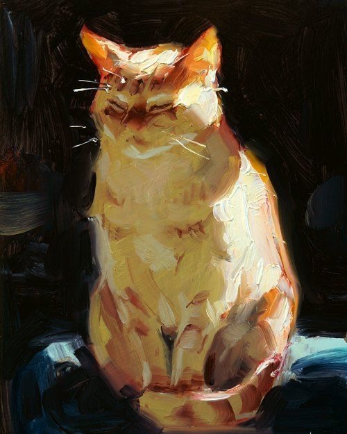 Artistic oil painting of an orange cat sitting gracefully against a dark background.