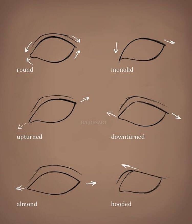 Diagram of six eye shapes: round, monolid, upturned, downturned, almond, hooded, with arrows indicating directions.