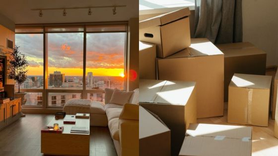 Cozy living room with sunset view and stacked moving boxes, suggesting a relocation or new home setup.