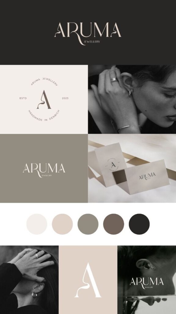 Aruma Jewellery branding collage featuring logo, color palette, and elegant accessory photography.