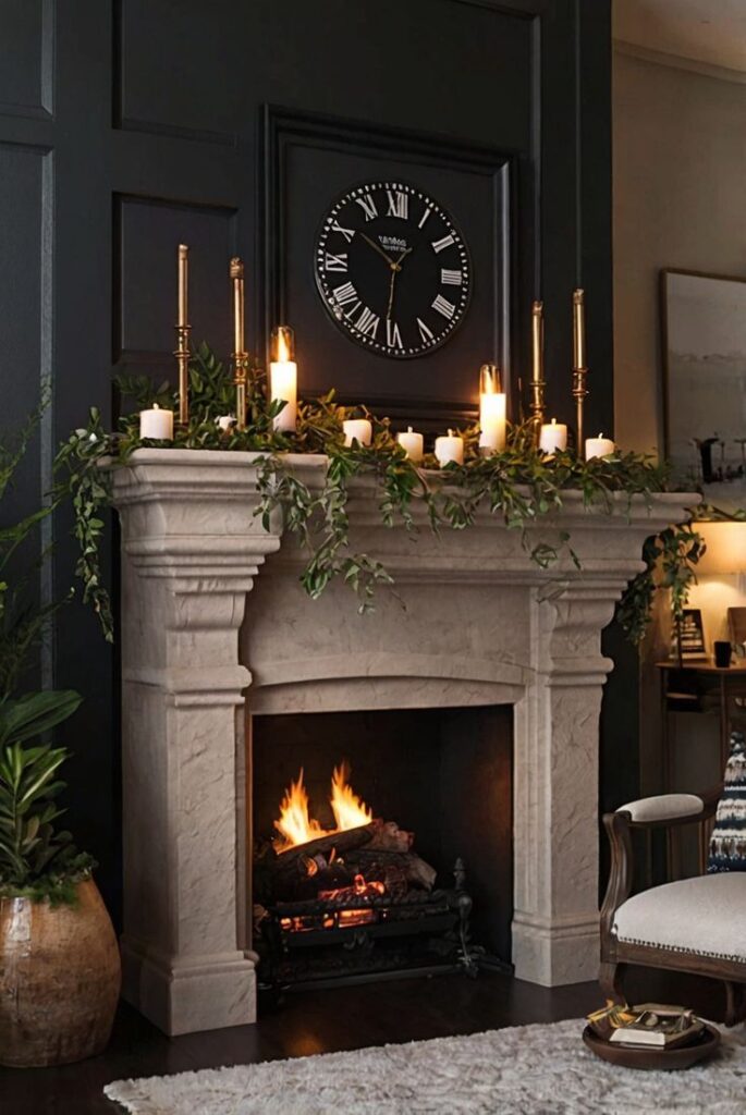 Elegant stone fireplace with candles, lush greenery, and a clock on dark wall, creating cozy ambiance.