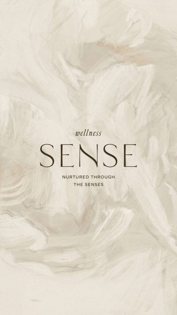 Abstract beige texture with text: Wellness Sense, nurtured through the senses. Serene and calming design.