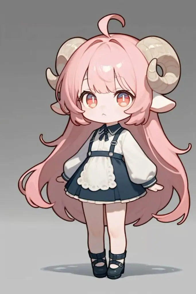 Cute chibi character with pink hair and horns in a blue and white outfit, standing on a neutral background.