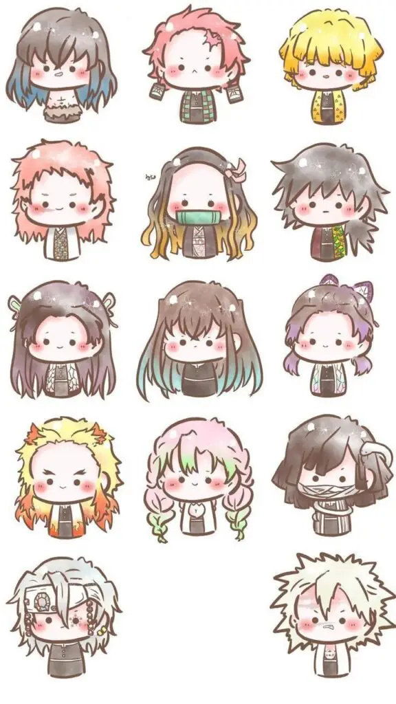 Cute chibi anime characters with diverse hairstyles and colorful outfits in a grid layout, white background.