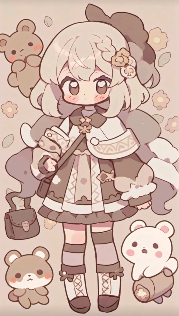 Cute chibi-style character with bears, dressed in a whimsical outfit, surrounded by flowers and leaves.