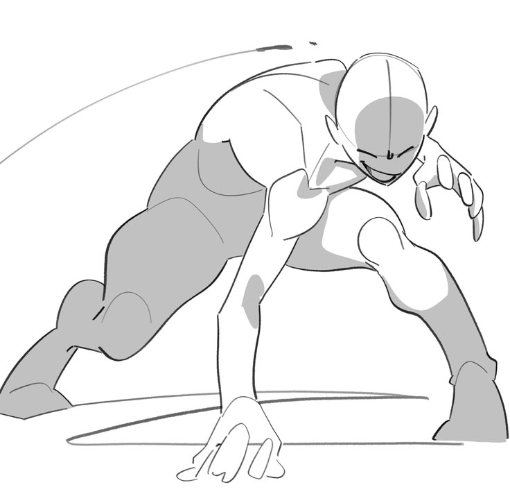 Dynamic sketch of a posed humanoid figure ready for action, showcasing movement and form in grayscale.