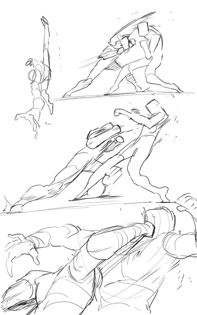 Dynamic action figure sketches in energetic motion poses for art reference.