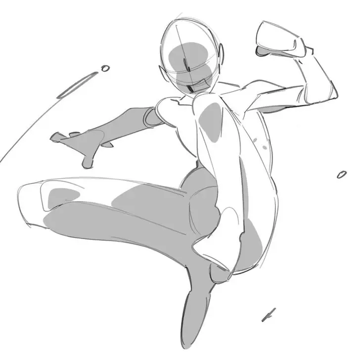 Dynamic sketch of a figure in a high-action martial arts pose, showcasing movement and agility.