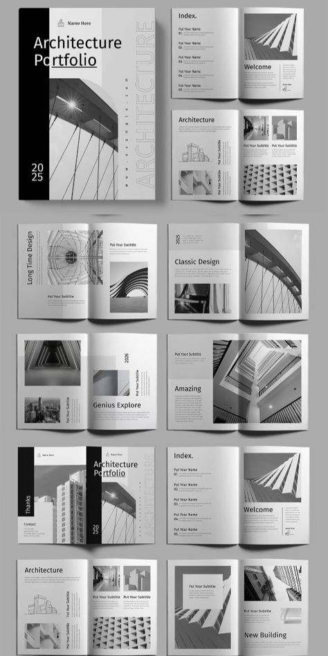 Architectural portfolio design layout featuring modern building photography and abstract structures in grayscale.