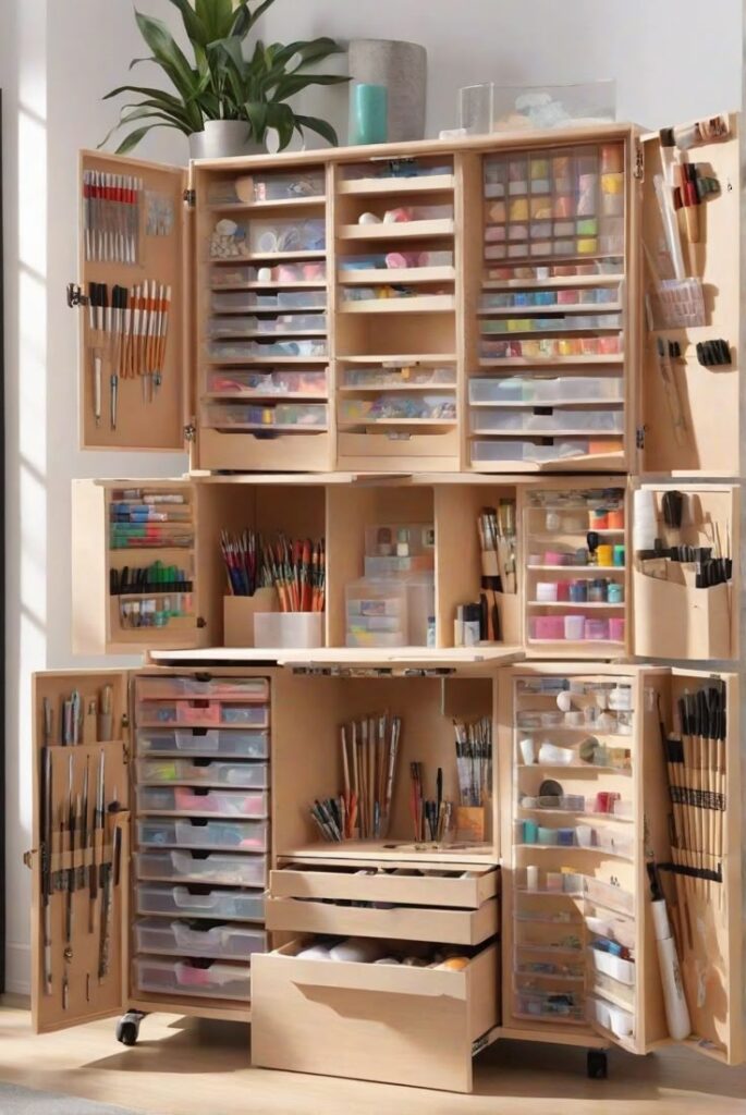 Organized art supplies cabinet with paint, brushes, and crafting materials in wooden storage unit.